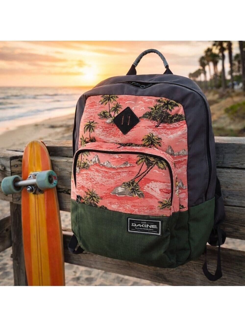 Dakine 23L Backpack 2014 Summer Palm Print Surf Skate School Bag Green Pink